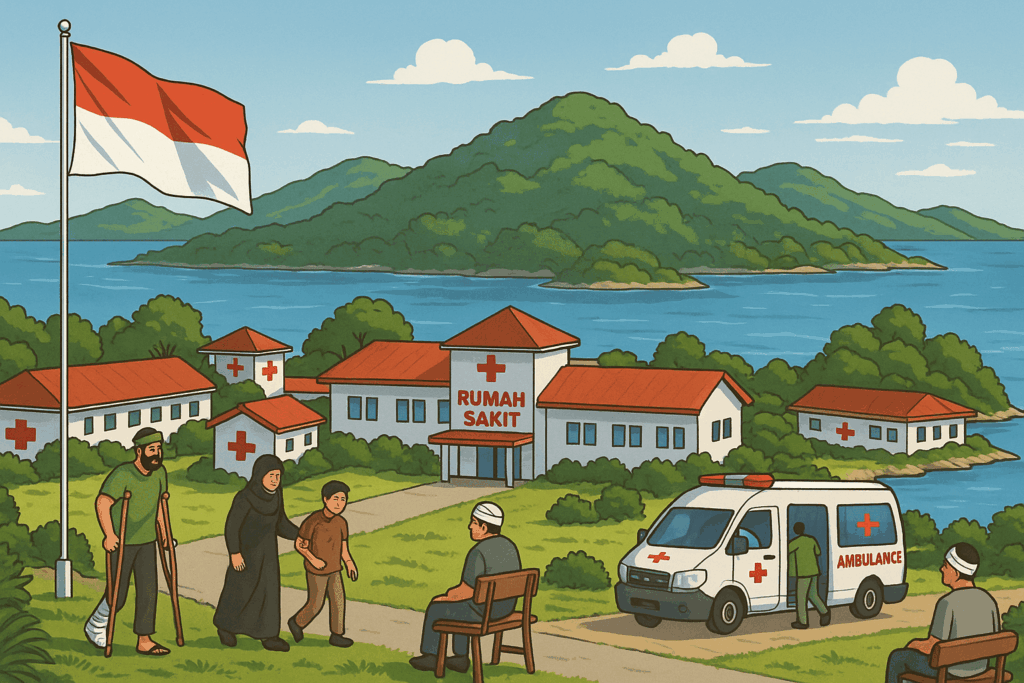 Ilustrasi lanskap Pulau Galang dengan kompleks rumah sakit kemanusiaan untuk merawat 2 000 warga Gaza.
