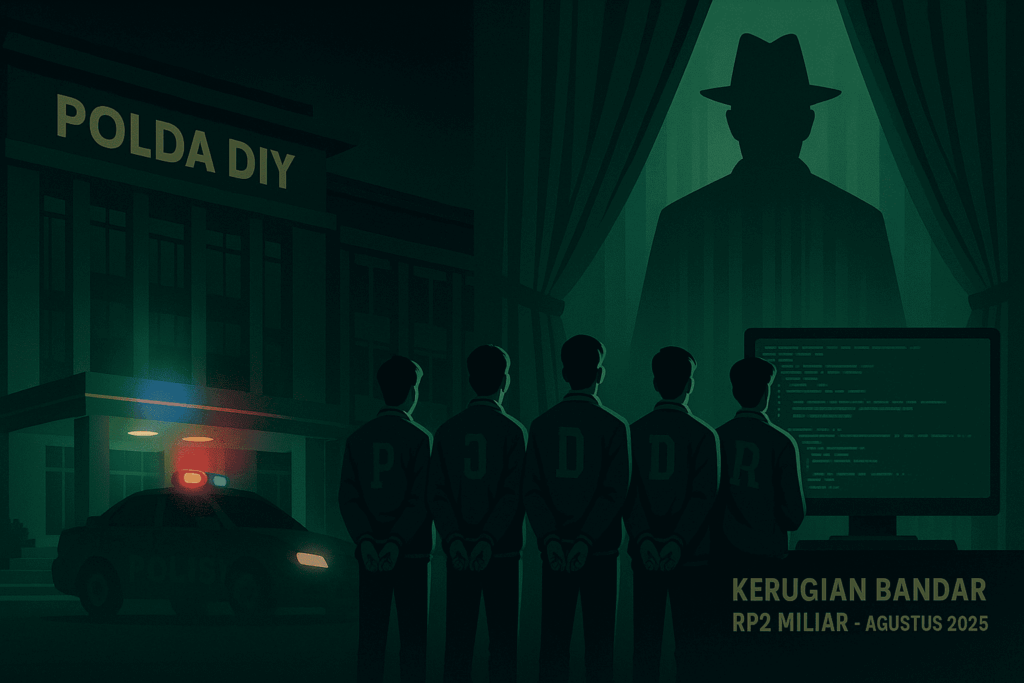 Ilustrasi panorama gedung Polda DIY dengan siluet lima tersangka berjudi online di depan layar kode, serta bayangan figur bandar di belakang tirai.