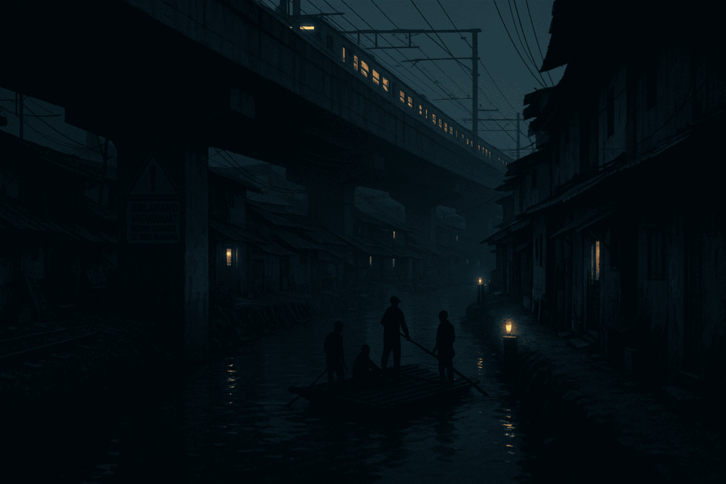 Ilustrasi lanskap Kampung Tongkol di bawah rel Jakarta Utara: deretan rumah padat di tepi kanal, getek menyeberang, dan kereta melintas di viaduk gelap.