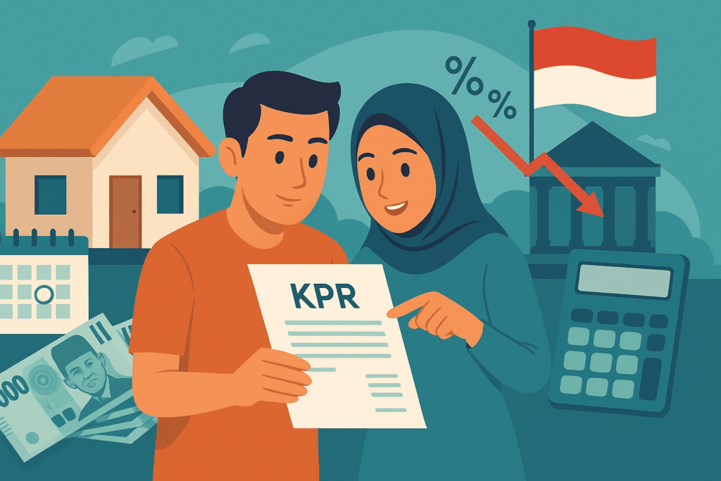 Ilustrasi lanskap pasangan Indonesia memegang dokumen KPR di depan rumah, dengan ikon kalkulator, rupiah, grafik suku bunga menurun, dan siluet gedung bank.