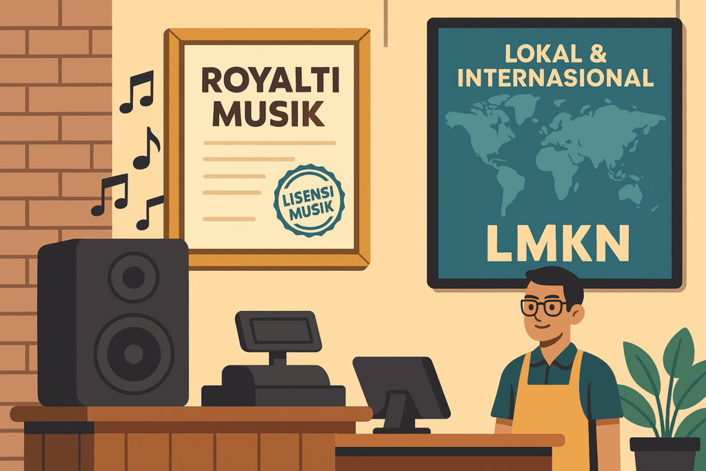 Ilustrasi lanskap bertema Royalti Musik di sebuah kafe: speaker memutar nada, sertifikat “Lisensi Musik” terpajang, kasir melayani, dan poster “Lokal & Internasional” menegaskan cakupan lisensi.