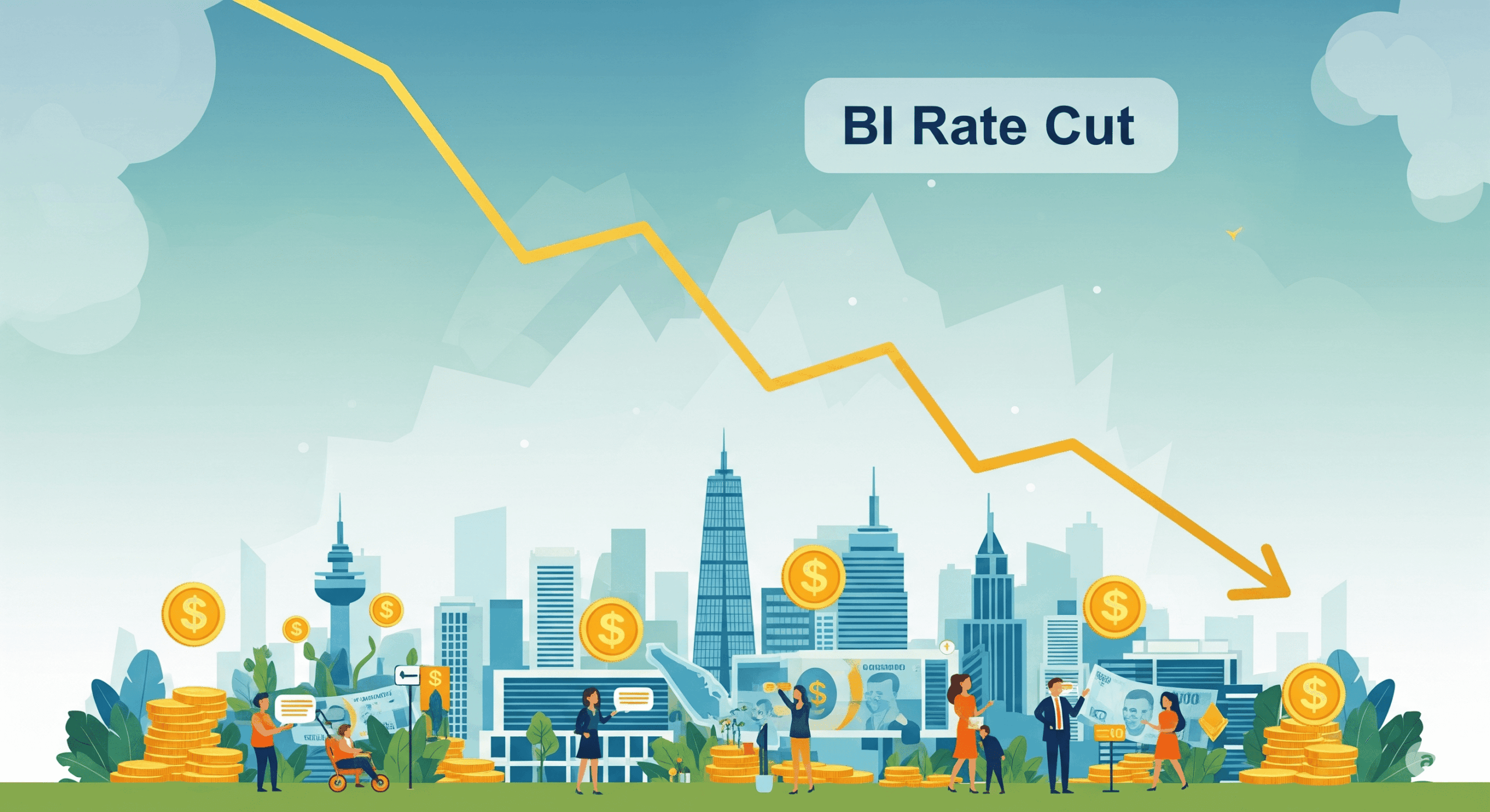 Ilustrasi digital yang menunjukkan grafik menurun dari BI Rate di atas gambaran ekonomi Indonesia yang sedang tumbuh, melambangkan pelonggaran kebijakan moneter.