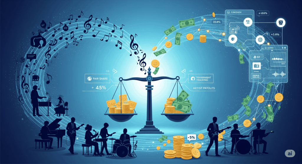 Ilustrasi digital yang menggambarkan keseimbangan antara musisi dan pelaku usaha dalam ekosistem royalti musik yang transparan. Sebuah timbangan di tengah menyeimbangkan not musik dan uang, dengan aliran data digital yang menghubungkan semua pihak.