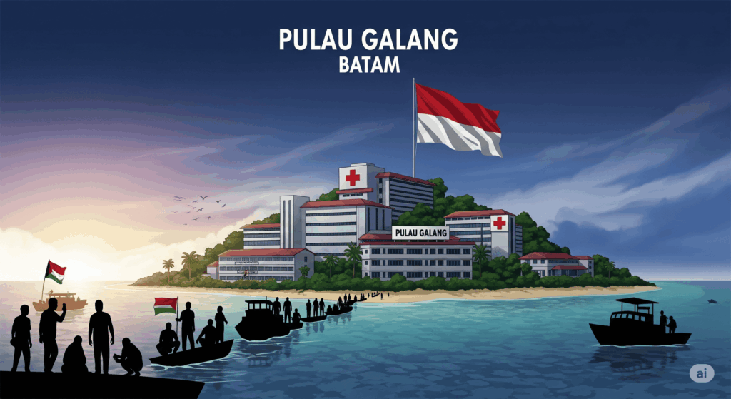 Ilustrasi Pulau Galang Batam, Indonesia, menyambut pengungsi Gaza yang terluka. Tampak fasilitas rumah sakit dengan bendera Indonesia berkibar, perahu yang membawa siluet pengungsi, dan lanskap alam.