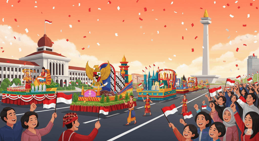 Perayaan Hari Kemerdekaan di Jakarta dengan latar belakang Istana Merdeka dan Monas.