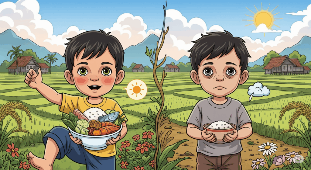 Ilustrasi perbandingan kesehatan anak: satu anak terlihat bersemangat, satu lagi tampak lesu, menggambarkan dampak anemia anak.