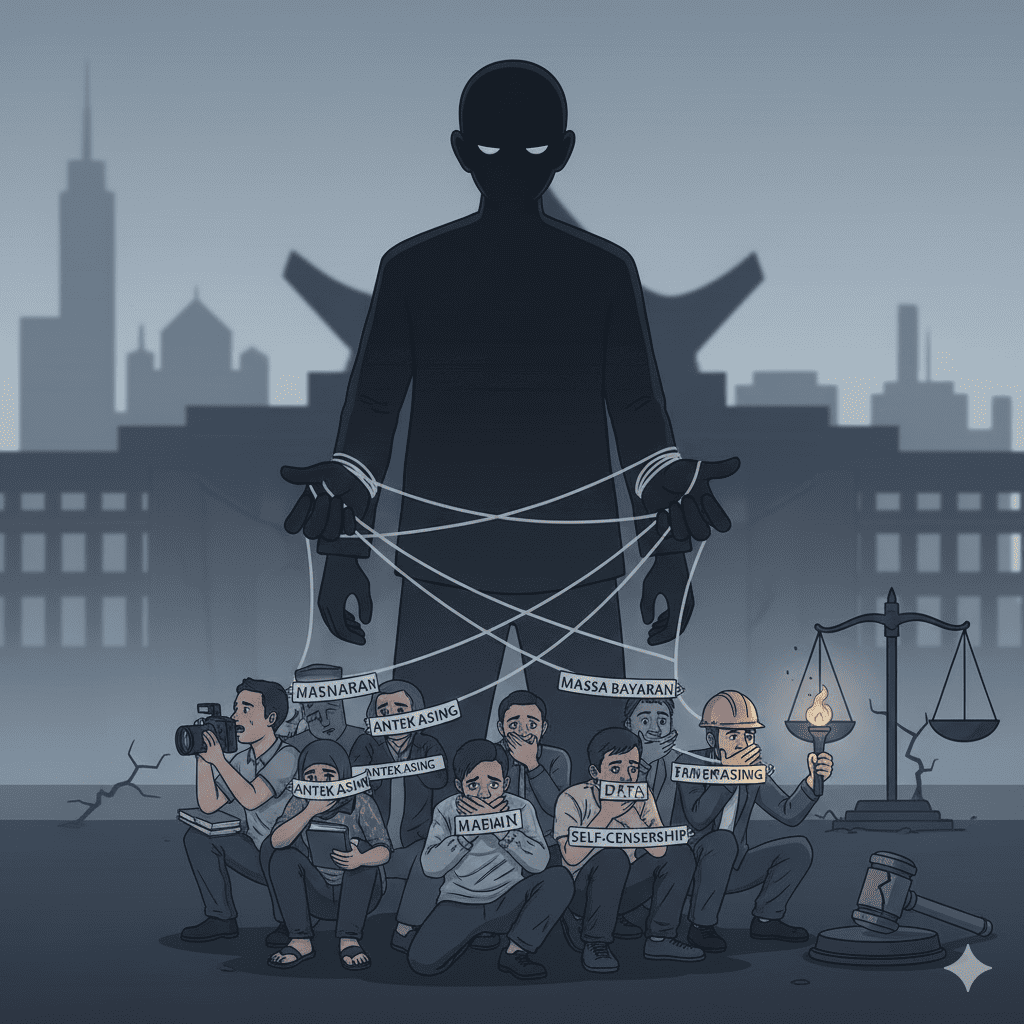 Ilustrasi representasi visual "Civil Phobia" di Indonesia, menunjukkan ketakutan dan pembungkaman warga sipil oleh kekuasaan.