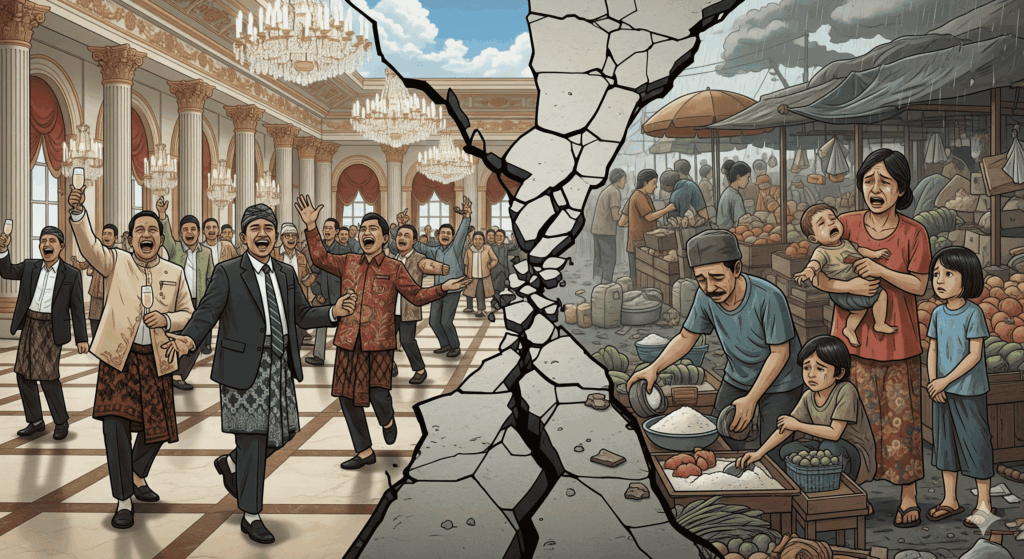 Ilustrasi yang menggambarkan jurang antara wakil rakyat yang berjoget di ruang sidang dan masyarakat yang berjuang dengan kesulitan ekonomi.