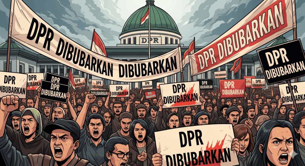 Sebuah ilustrasi yang menunjukkan demonstrasi besar-besaran di depan gedung DPR RI. Para demonstran membawa poster dan spanduk dengan tulisan "DPR dibubarkan".