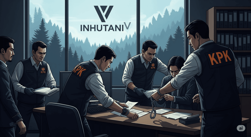 Ilustrasi digital yang menggambarkan operasi tangkap tangan (OTT) oleh KPK di kantor Inhutani V, Jakarta, terkait kasus korupsi di sektor kehutanan.