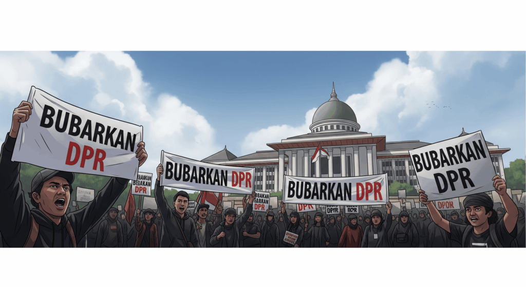Ilustrasi digital yang menampilkan kerumunan massa membawa spanduk bertuliskan 'Bubarkan DPR' di depan Gedung DPR RI, Jakarta, dengan fokus pada dinamika dan tuntutan dari demo 25 agustus.
