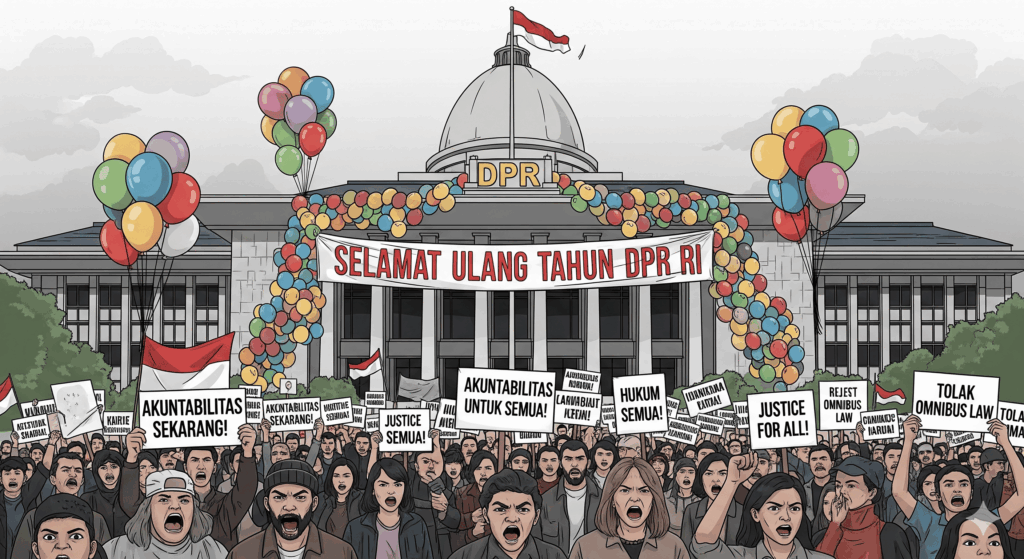 Sebuah ilustrasi yang menggambarkan gedung ulang tahun DPR RI dihiasi spanduk ulang tahun yang meriah, namun di depannya ada kerumunan demonstran yang marah membawa poster protes, menciptakan kontras yang ironis.