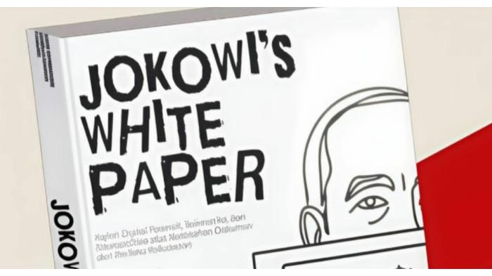 Sampul buku Jokowi White Paper bergaya ilustrasi menampilkan sebagian wajah Jokowi; buku ini menyoroti analisis forensik dokumen dan polemik ijazah.