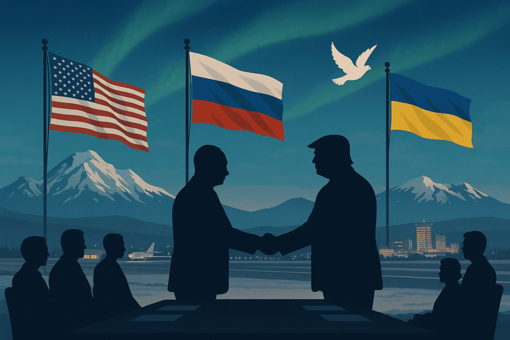 Ilustrasi lanskap diplomasi di Alaska dengan siluet Trump dan Putin berjabat tangan di bawah aurora, diapit bendera AS, Rusia, dan Ukraina; fokus konflik Rusia-Ukraina.