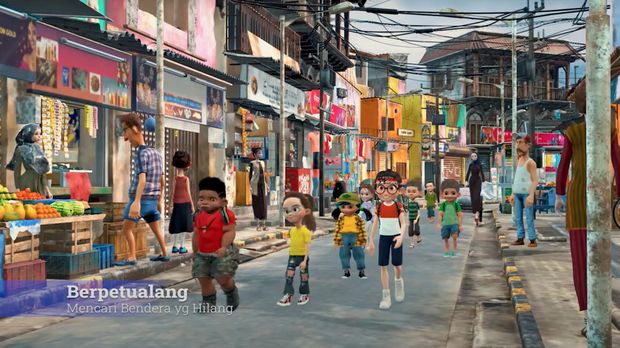 Cuplikan Film Merah Putih: One For All – anak-anak berpetualang di gang kota Indonesia mencari bendera yang hilang.