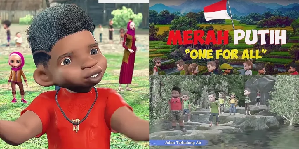Kolase cuplikan trailer Merah Putih One For All: karakter anak berkaus merah di lapangan, judul dengan bendera Indonesia, dan rombongan anak menyeberangi bebatuan sungai.